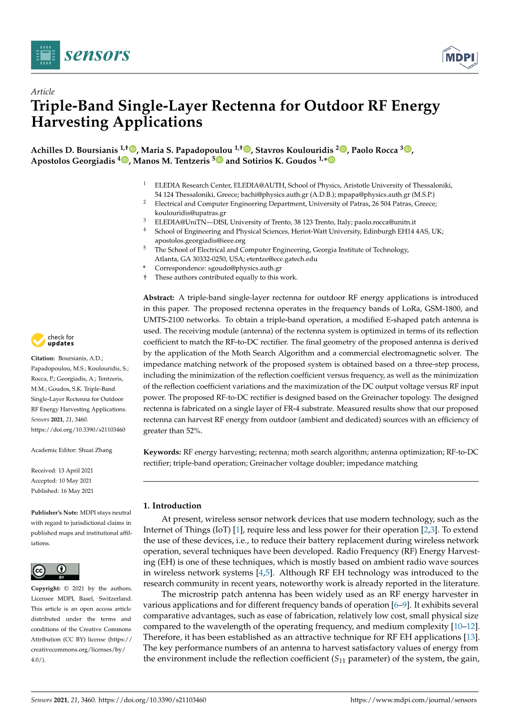 Triple-Band Single-Layer Rectenna for Outdoor RF Energy Harvesting Applications