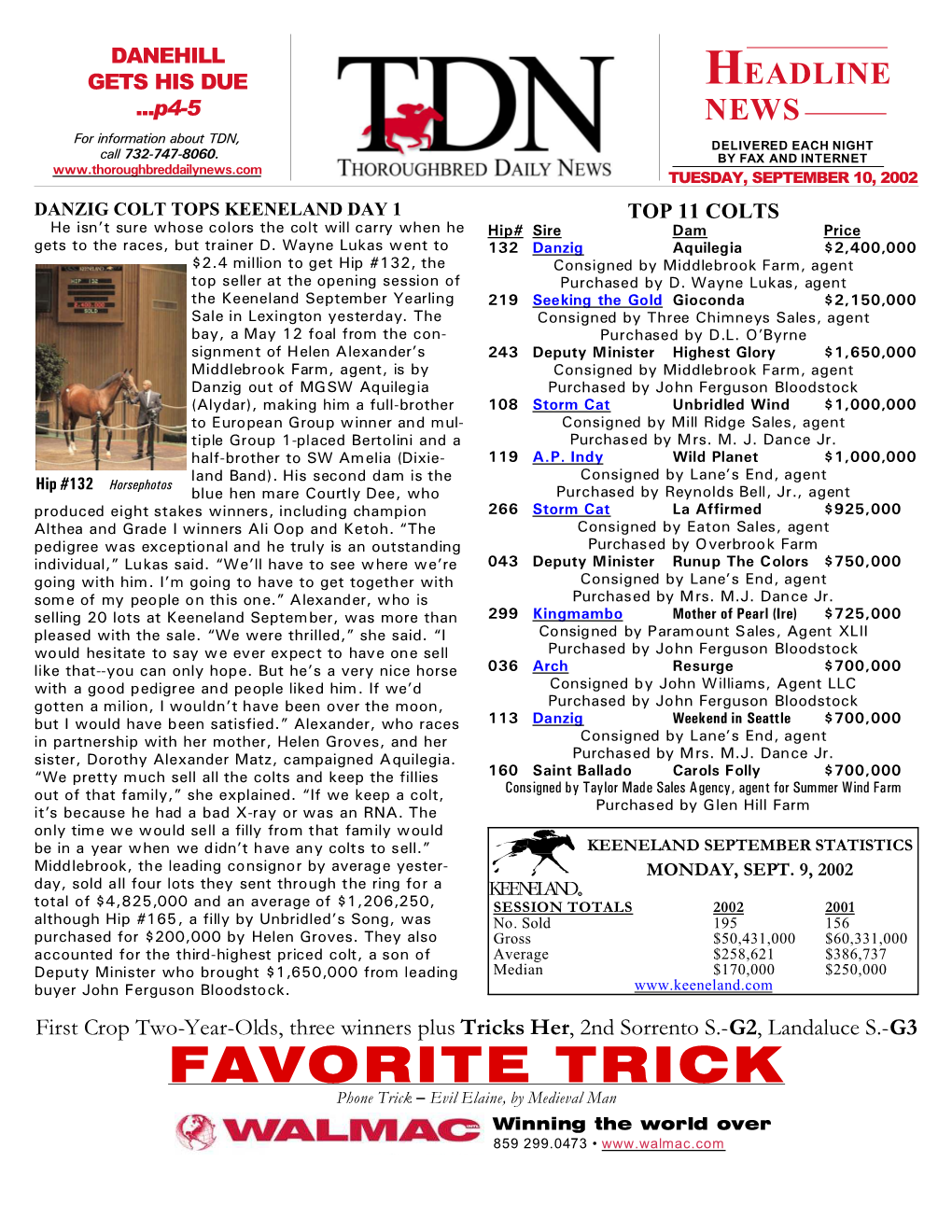 FAVORITE TRICK Phone Trick S Evil Elaine, by Medieval Man Winning the World Over 859 299.0473 • TDN P HEADLINE NEWS • 9/10/02 • PAGE 2 of 6