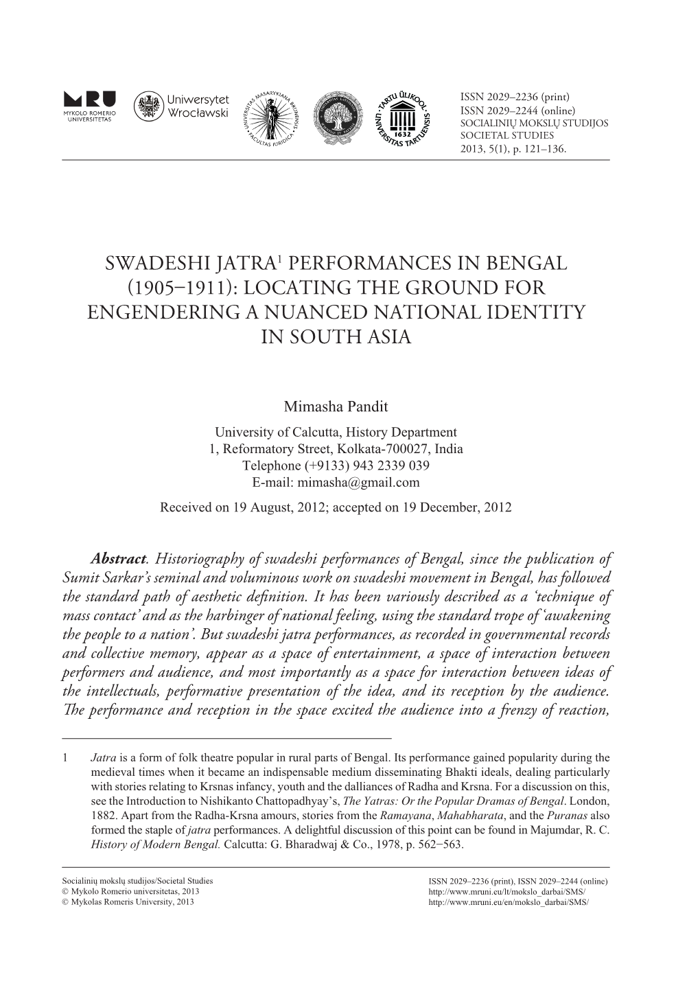 Swadeshi Jatra1 Performances in Bengal (1905–1911): Locating the Ground for Engendering a Nuanced National Identity in South Asia