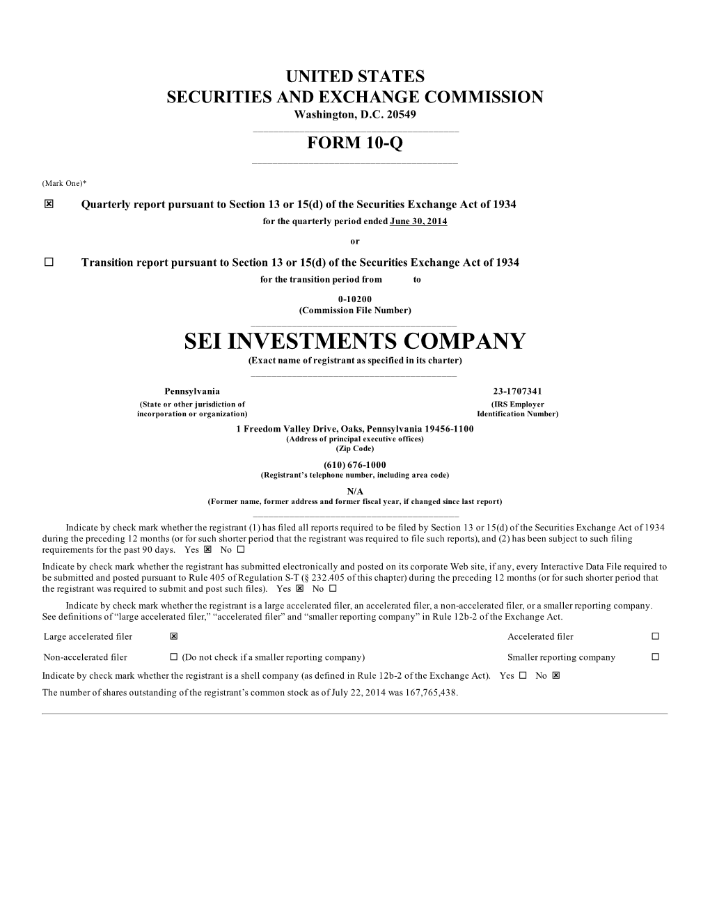 SEI INVESTMENTS COMPANY (Exact Name of Registrant As Specified in Its Charter) ______