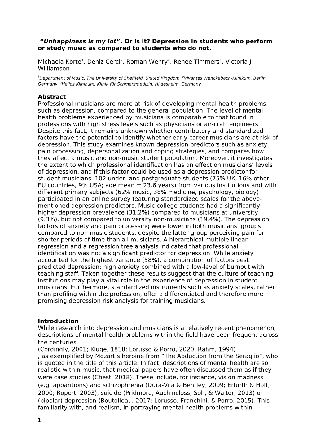 Or Is It? Depression in Students Who Perform Or Study Music As Compared to Students Who Do Not