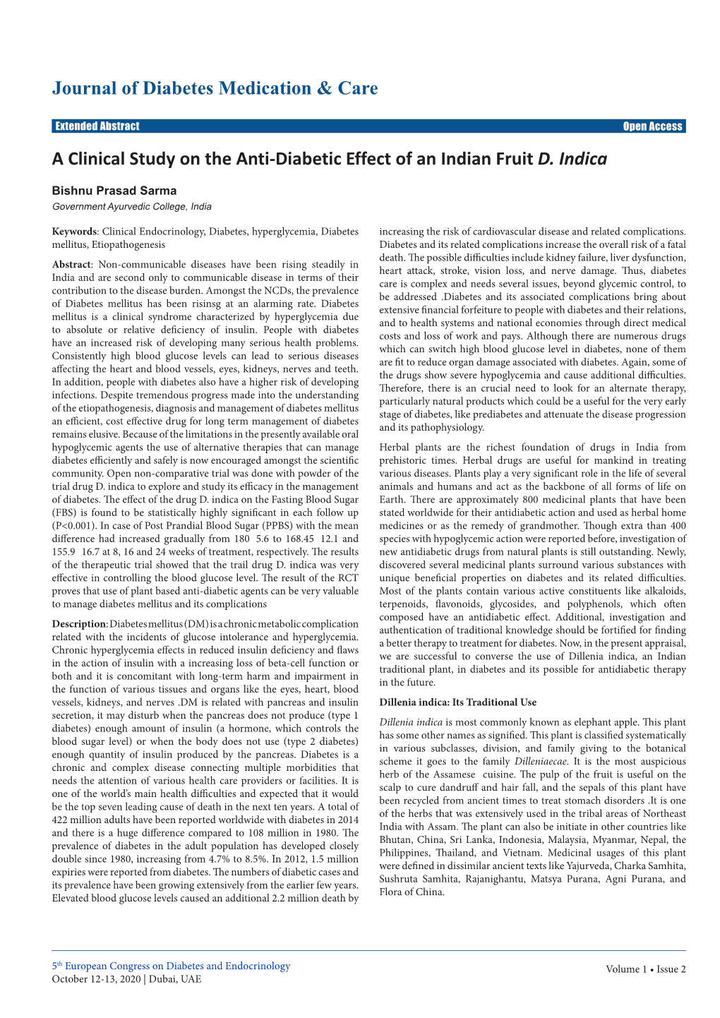 A Clinical Study on the Anti-Diabetic Effect of an Indian Fruit D. Indica