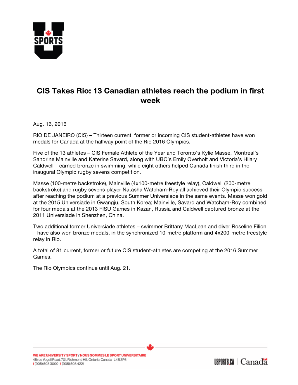 CIS Takes Rio: 13 Canadian Athletes Reach the Podium in First Week