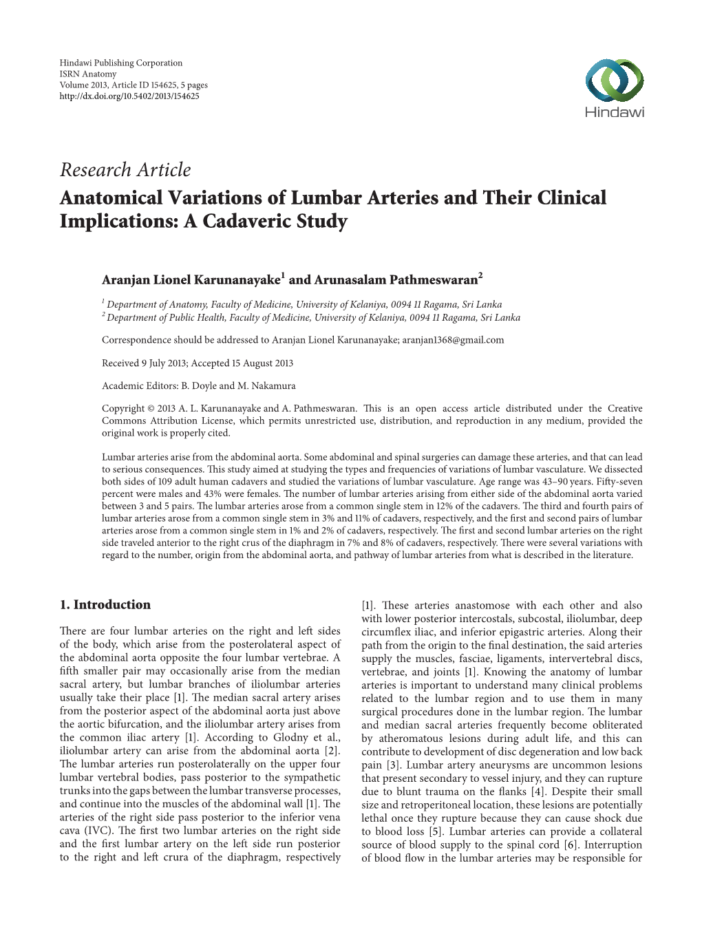 Anatomical Variations of Lumbar Arteries and Their Clinical Implications: a Cadaveric Study