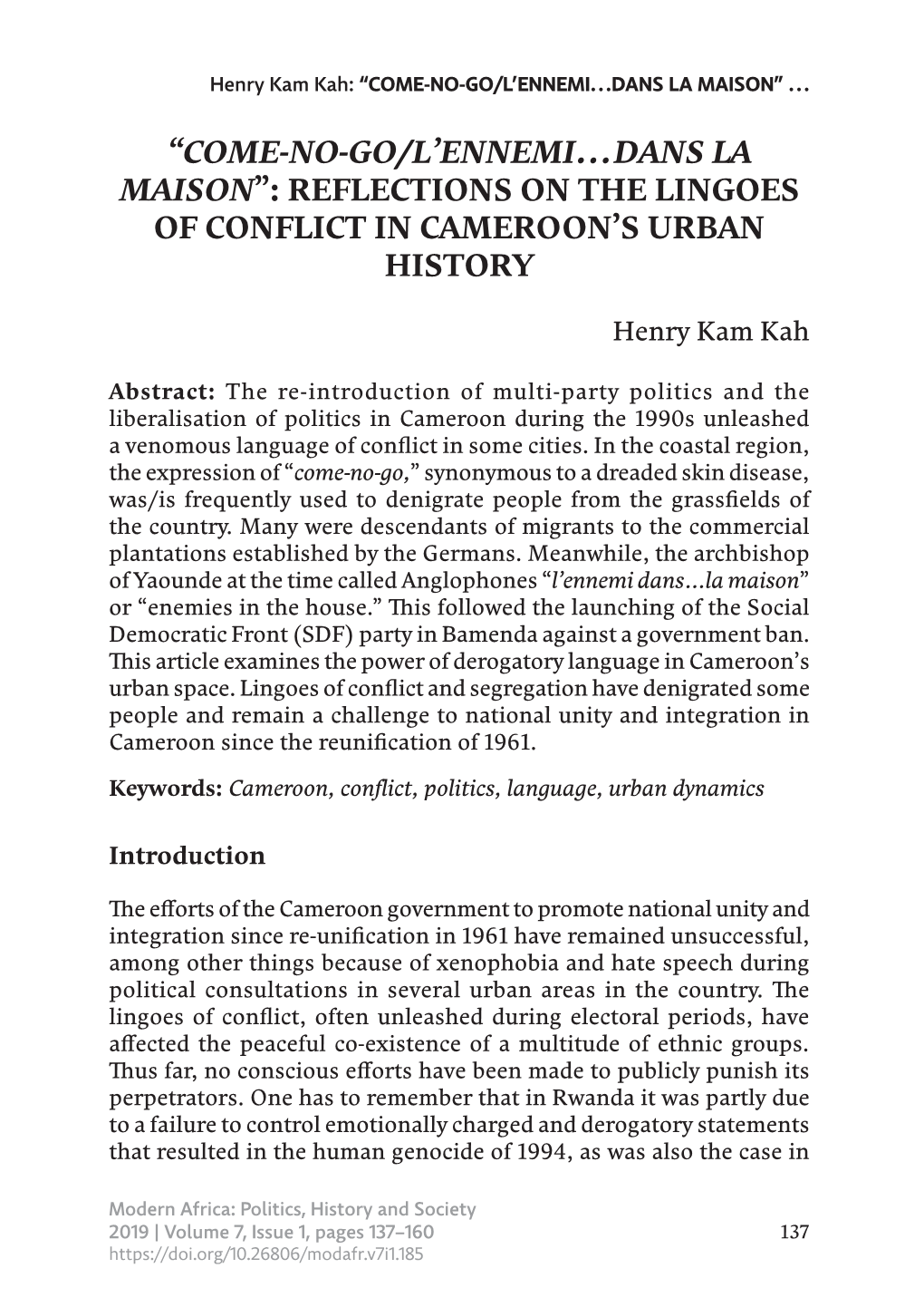 Reflections on the Lingoes of Conflict in Cameroon's Urban History