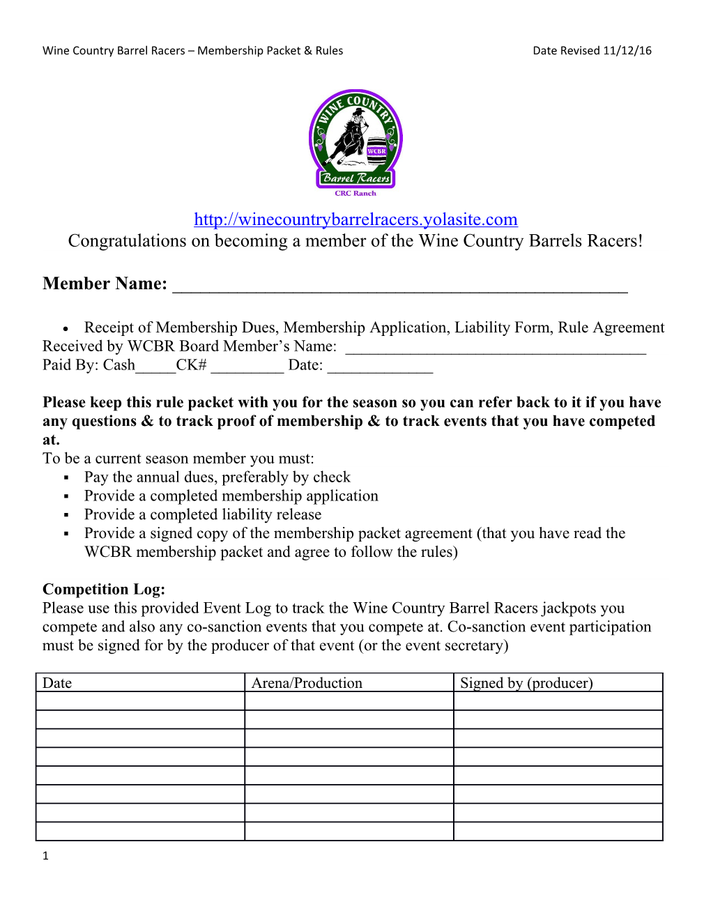 Wine Country Barrel Racers Membership Packet & Rules Date Revised 11/12/16