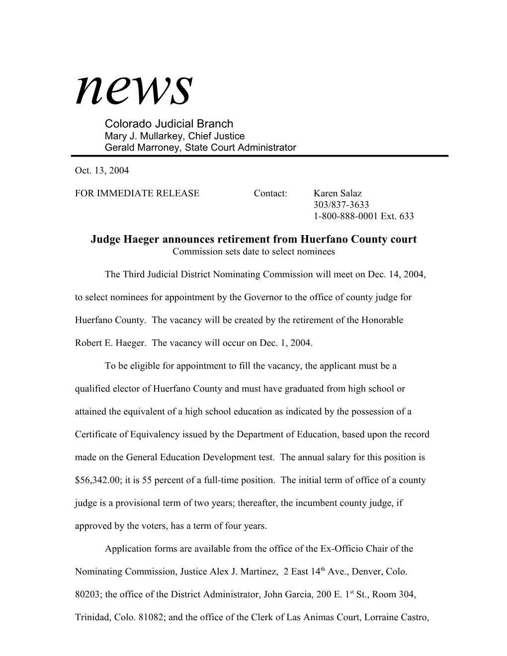 Judge Haeger Announces Retirement from Huerfano County Court