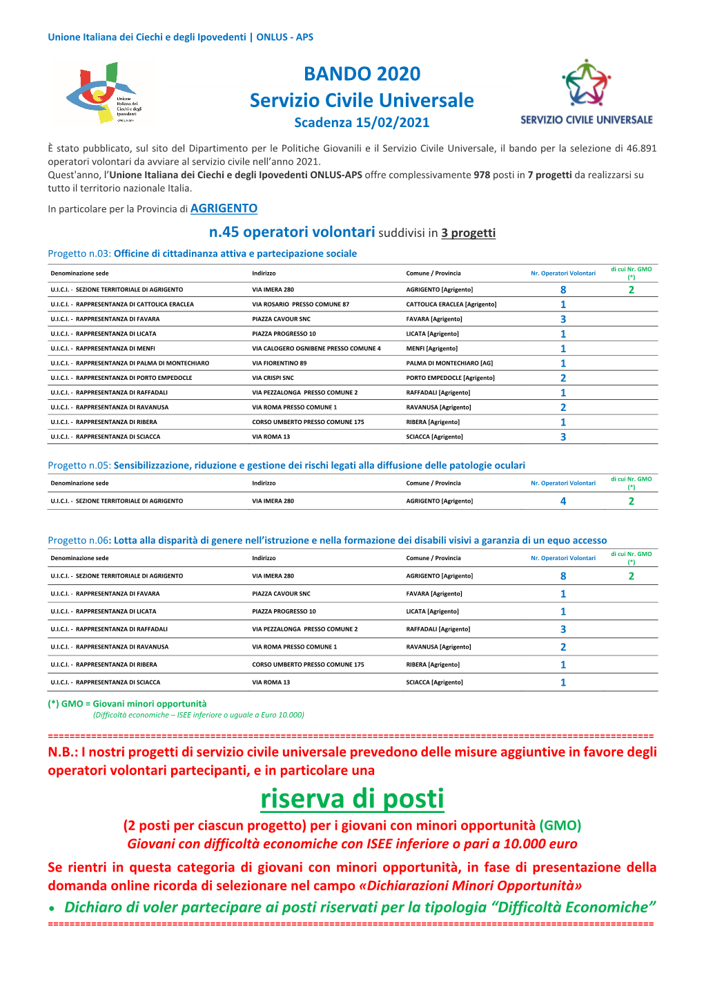 BANDO 2020 Servizio Civile Universale Scadenza 15/02/2021