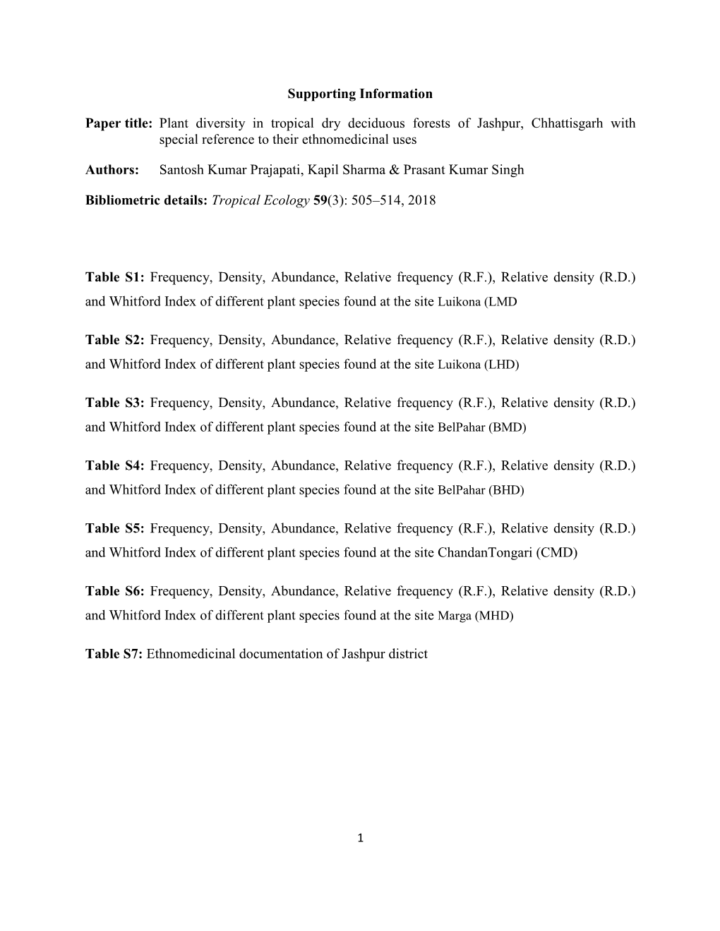 Supporting Information Paper Title: Plant Diversity in Tropical Dry