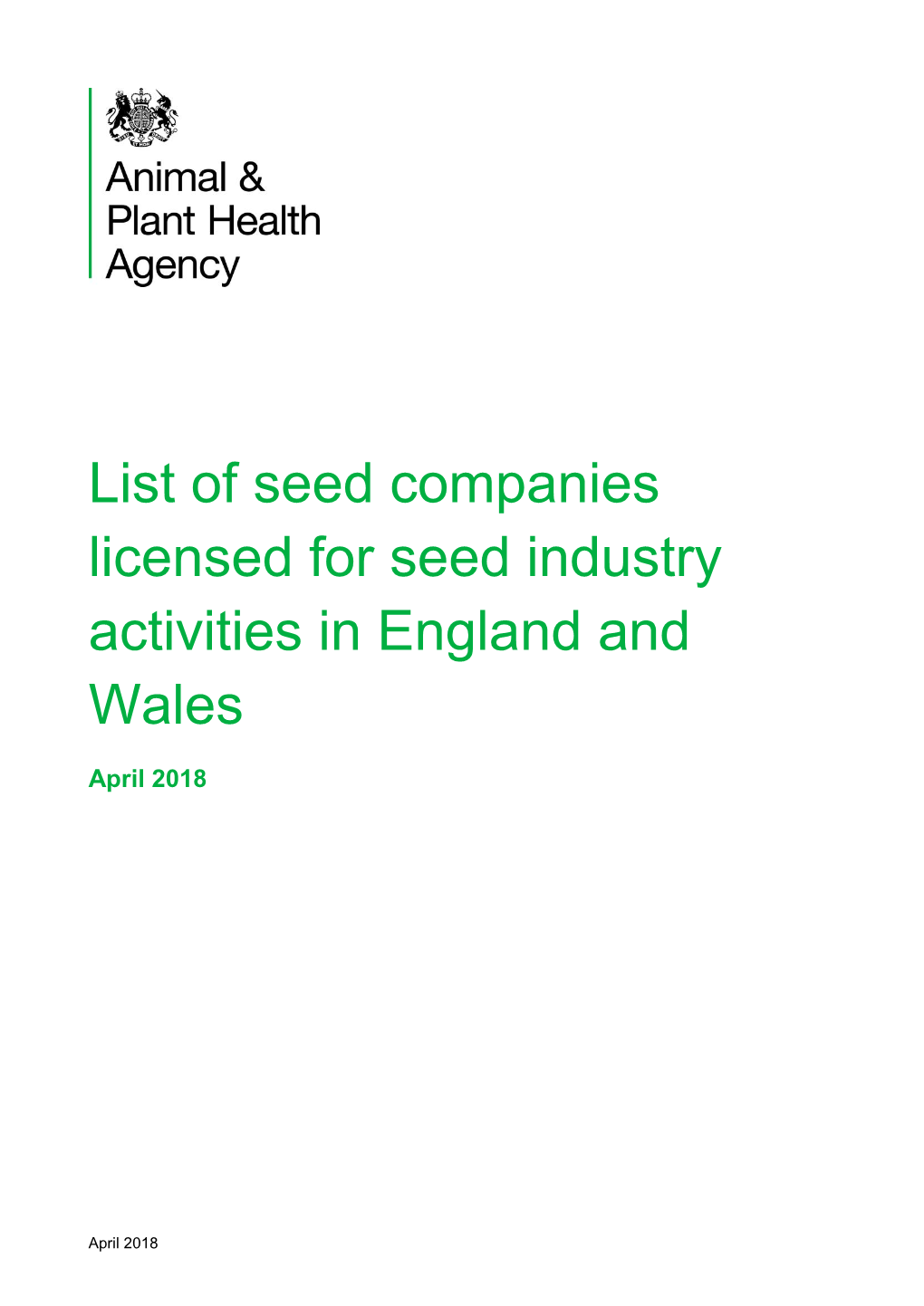 List of Seed Companies Licensed for Seed Industry Activities in England and Wales