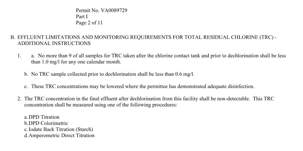 B. Effluent Limitations and Monitoring Requirements for Total Residual Chlorine (Trc)