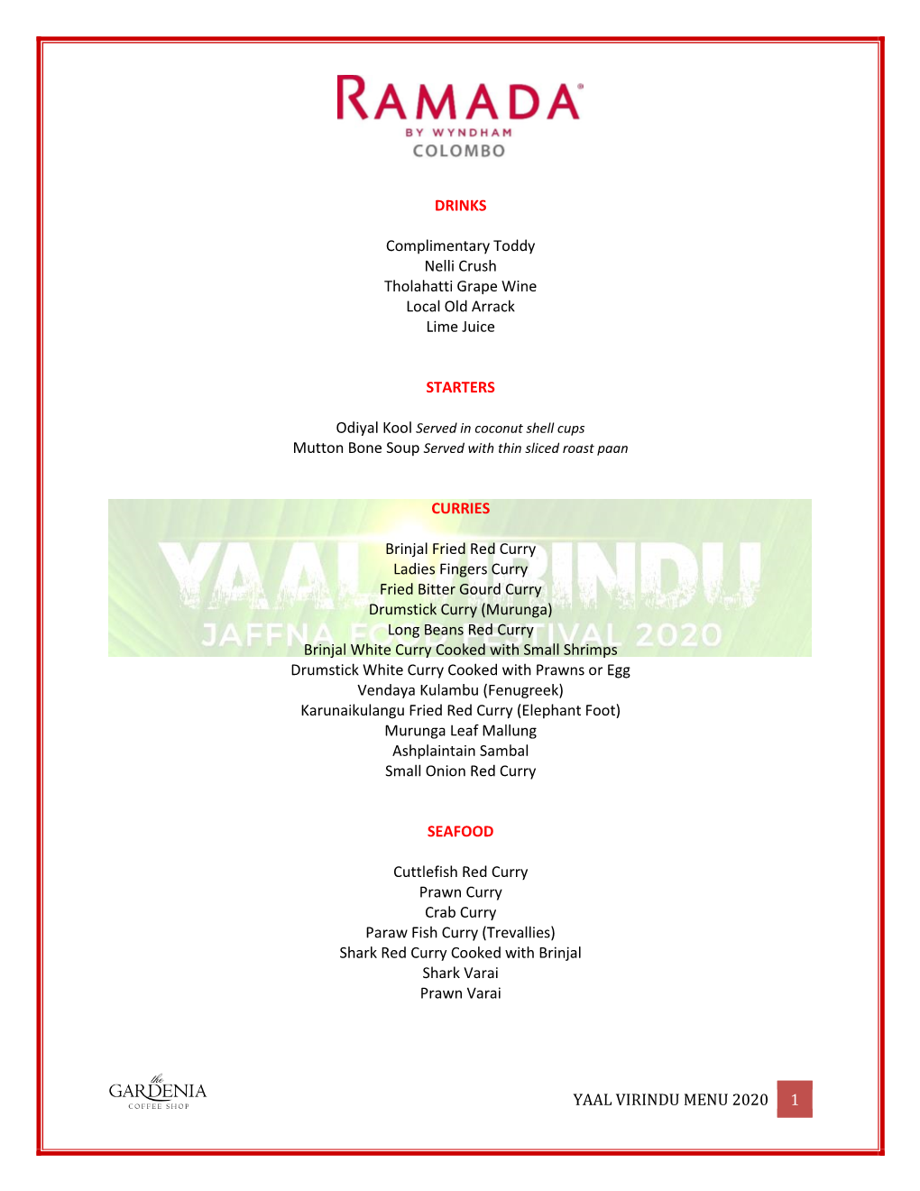 YAAL VIRINDU MENU 2020 1 DRINKS Complimentary Toddy