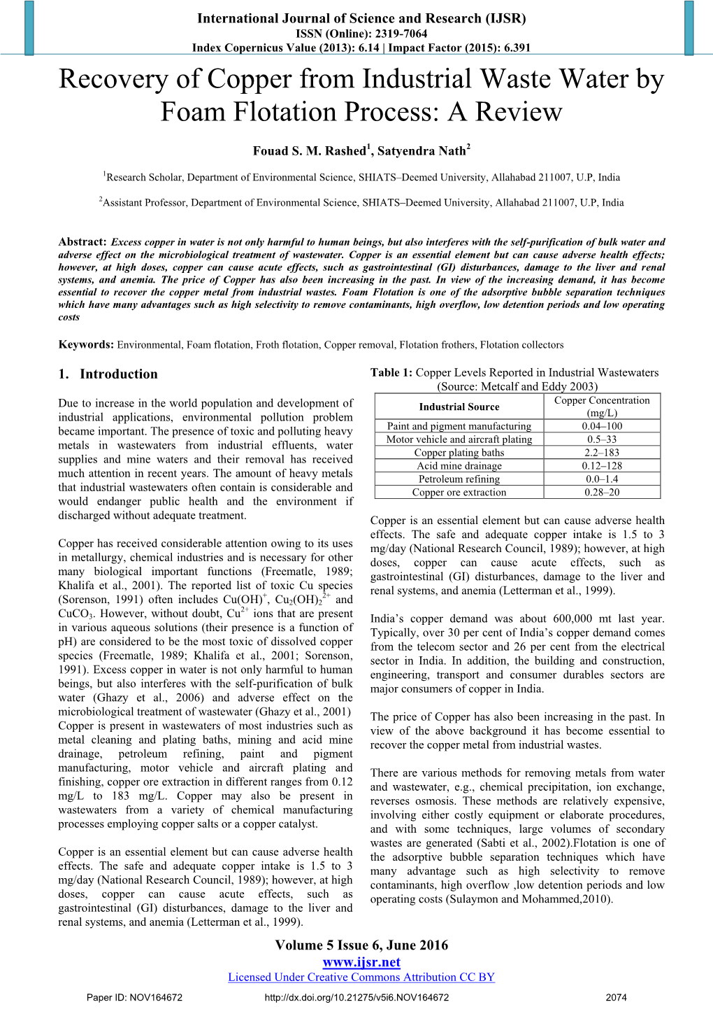 Recovery of Copper from Industrial Waste Water by Foam Flotation Process: a Review