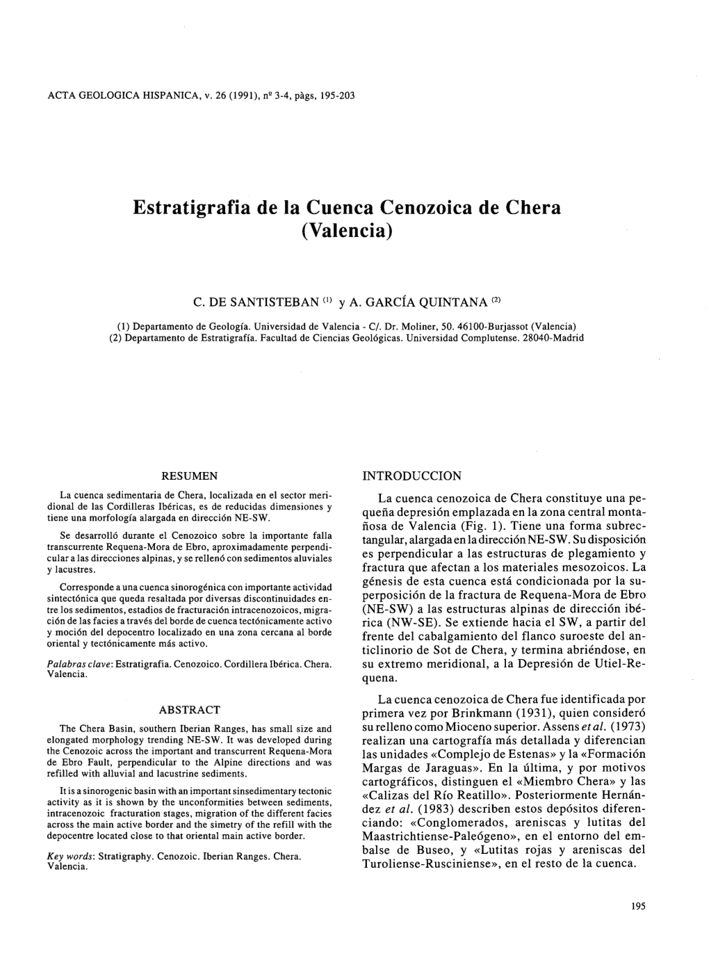 Estratigrafia De La Cuenca Cenozoica De Chera (Valencia)