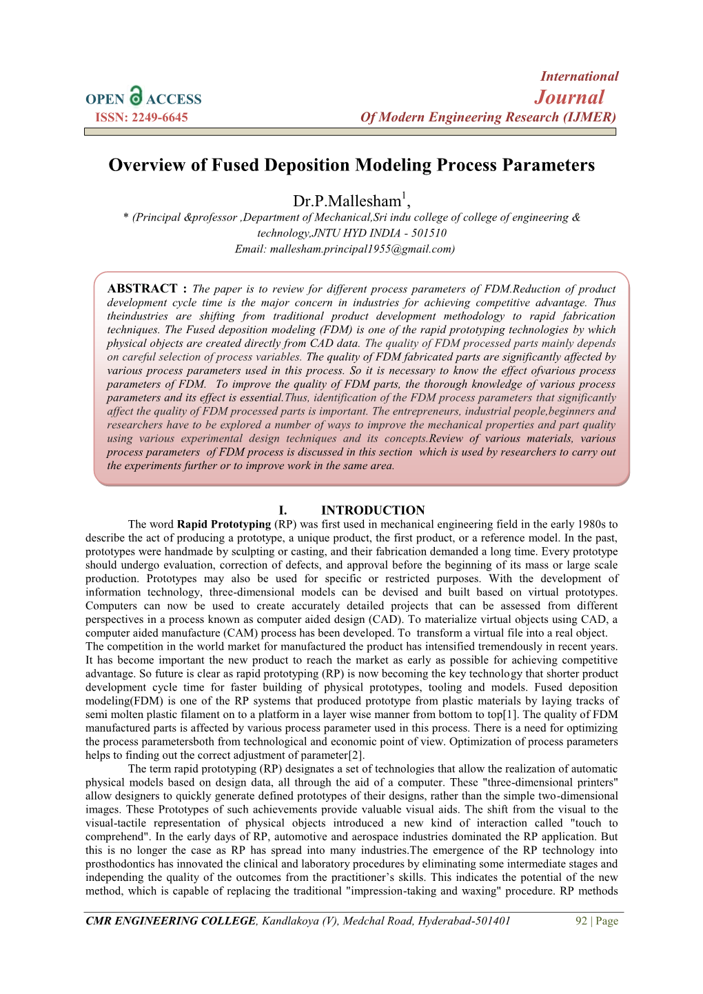 Overview of Fused Deposition Modeling Process Parameters