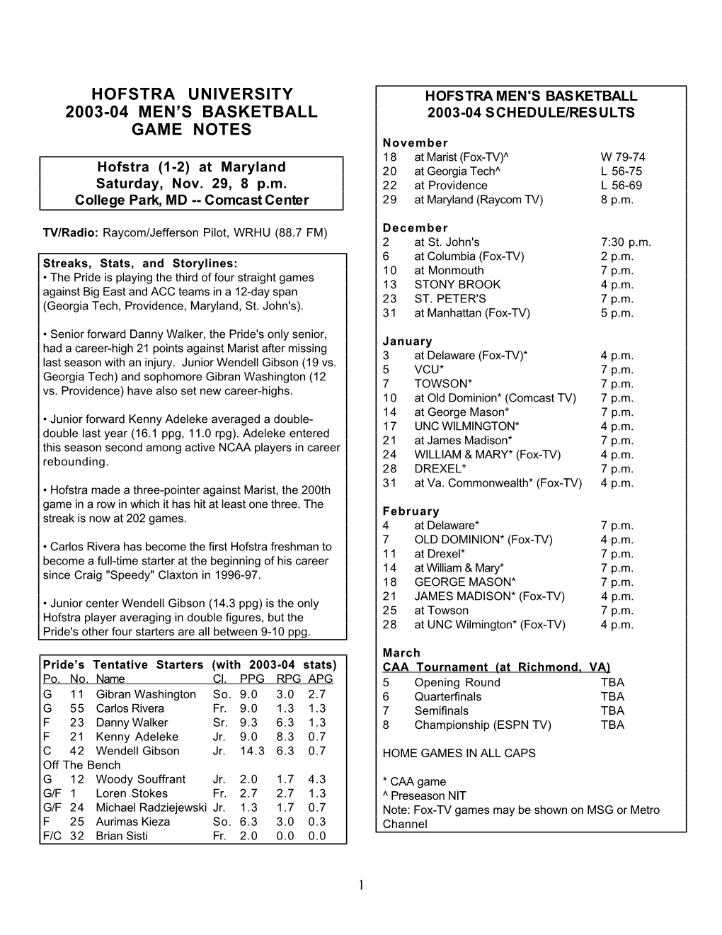 Hofstra University 2003-04 Men's Basketball Game Notes