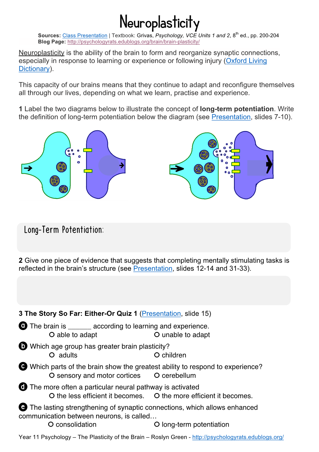 Neuroplasticity Sources: Class Presentation | Textbook: Grivas, Psychology, VCE Units 1 and 2, 8Th Ed., Pp