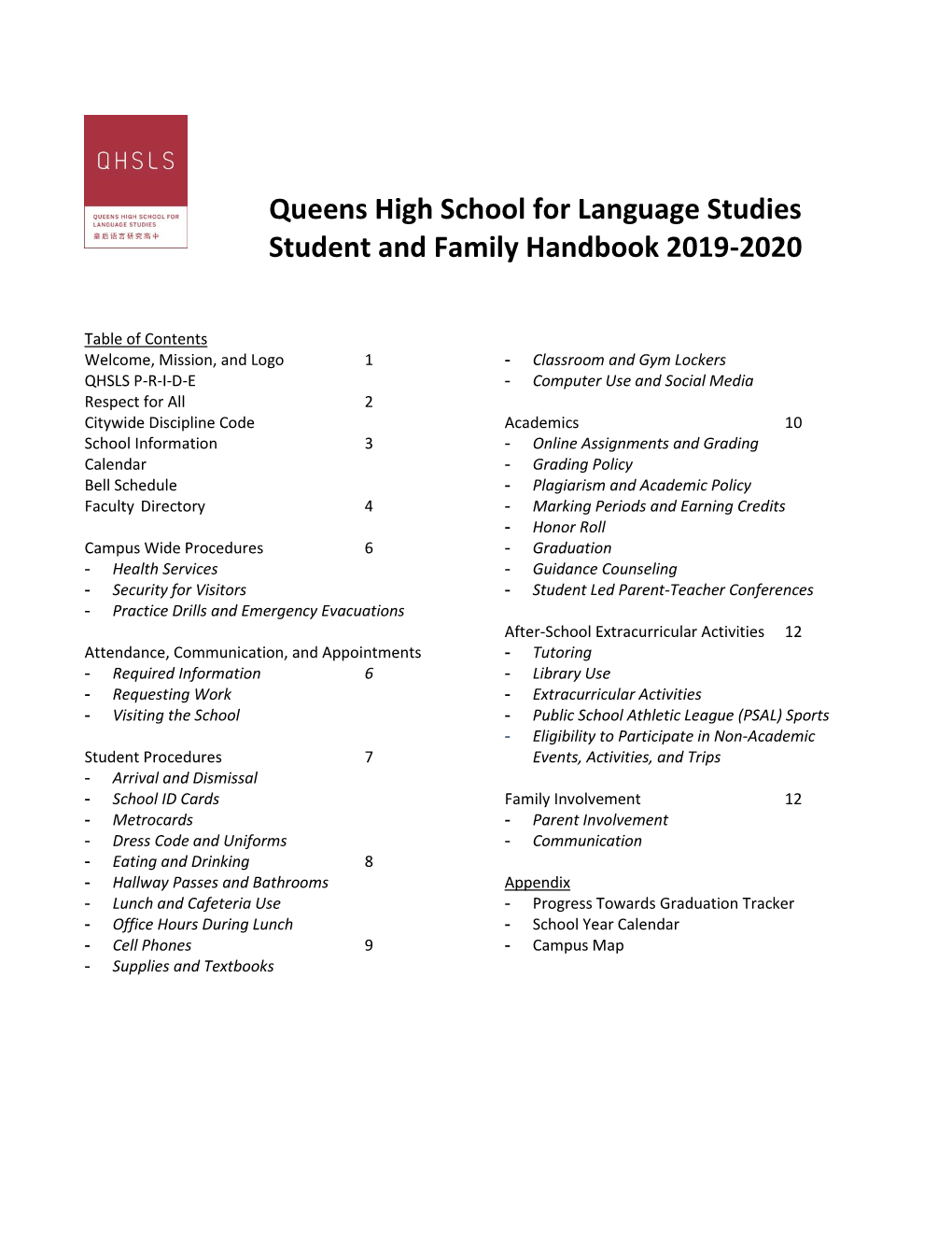 Queens High School for Language Studies Student and Family Handbook 2019-2020