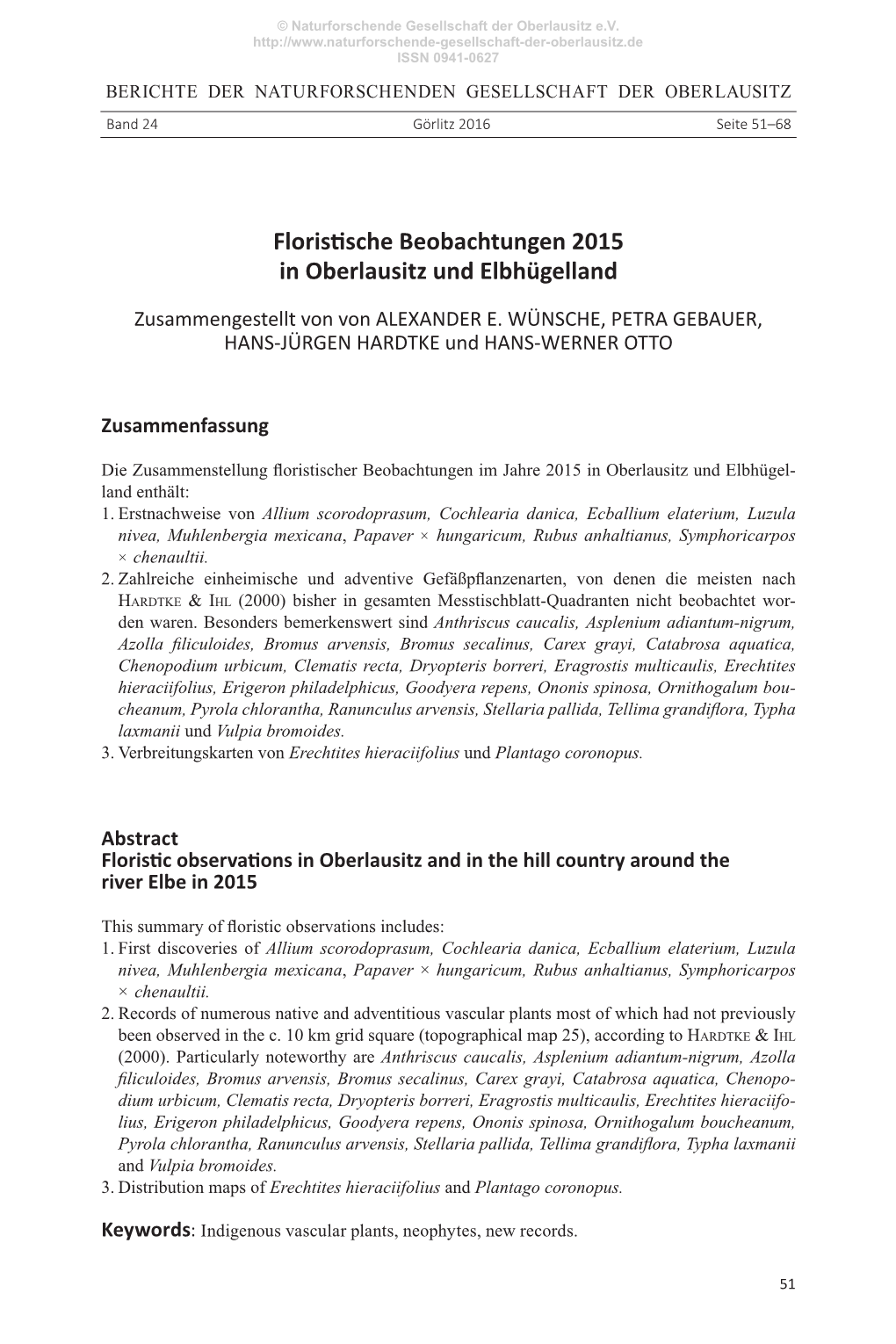 Floristische Beobachtungen 2015 in Oberlausitz Und Elbhügelland