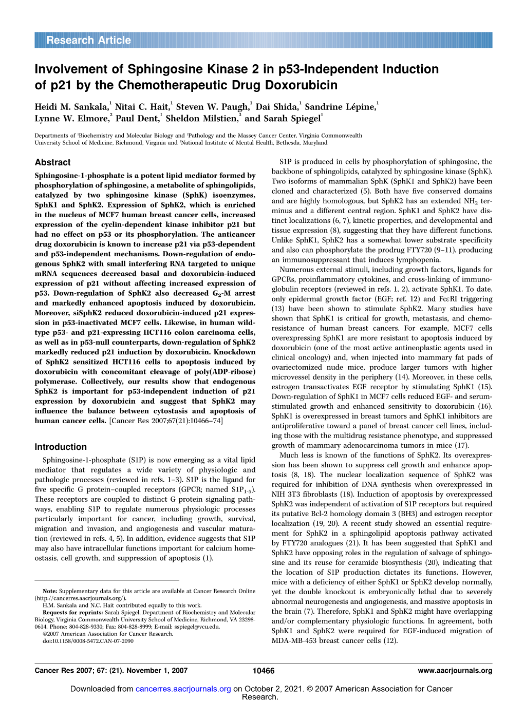 Involvement of Sphingosine Kinase 2 in P53-Independent Induction of P21 by the Chemotherapeutic Drug Doxorubicin