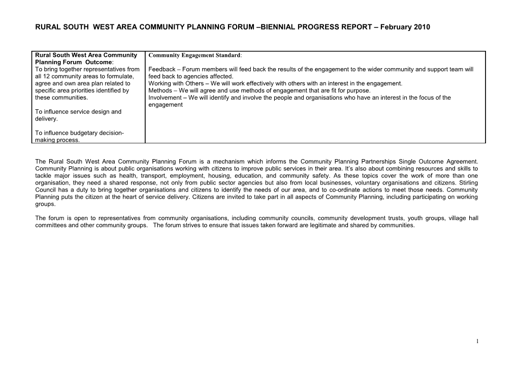 Rural South West Area Community Planning Forum Outcome: to Bring Together Representatives