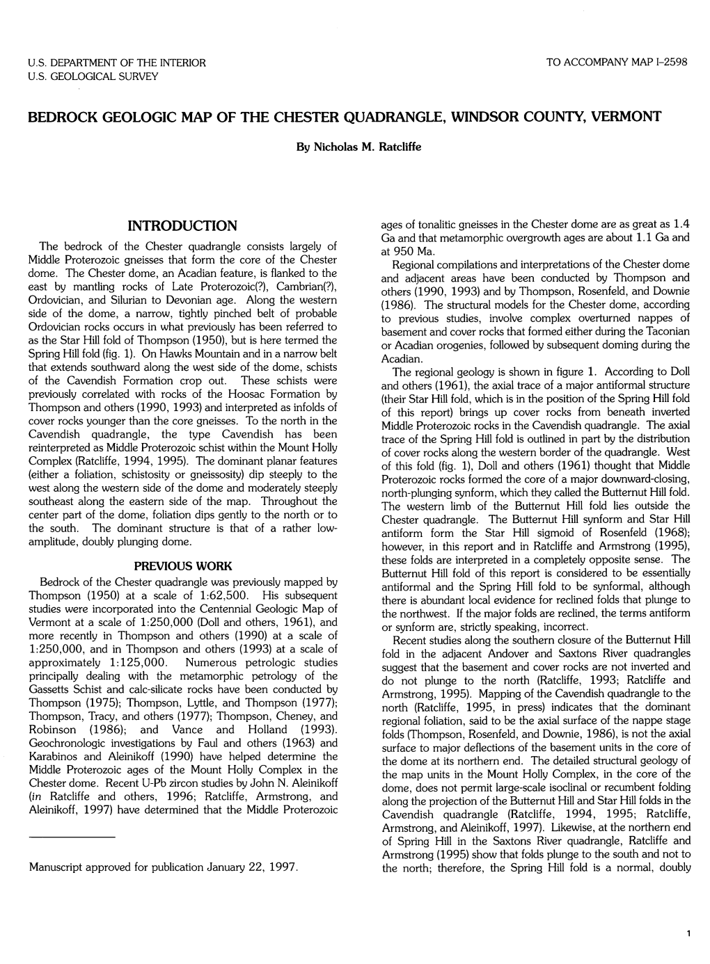 Bedrock Geologic Map of the Chester Quadrangle, Windsor County, Vermont Introduction