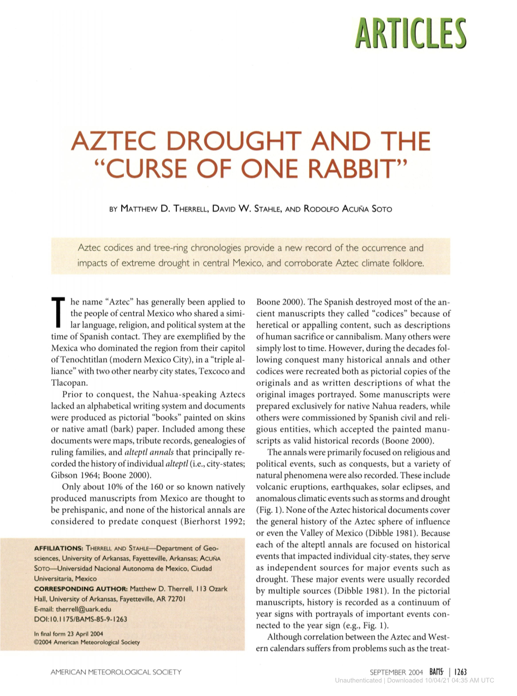 Aztec Drought and the "Curse of One Rabbit"