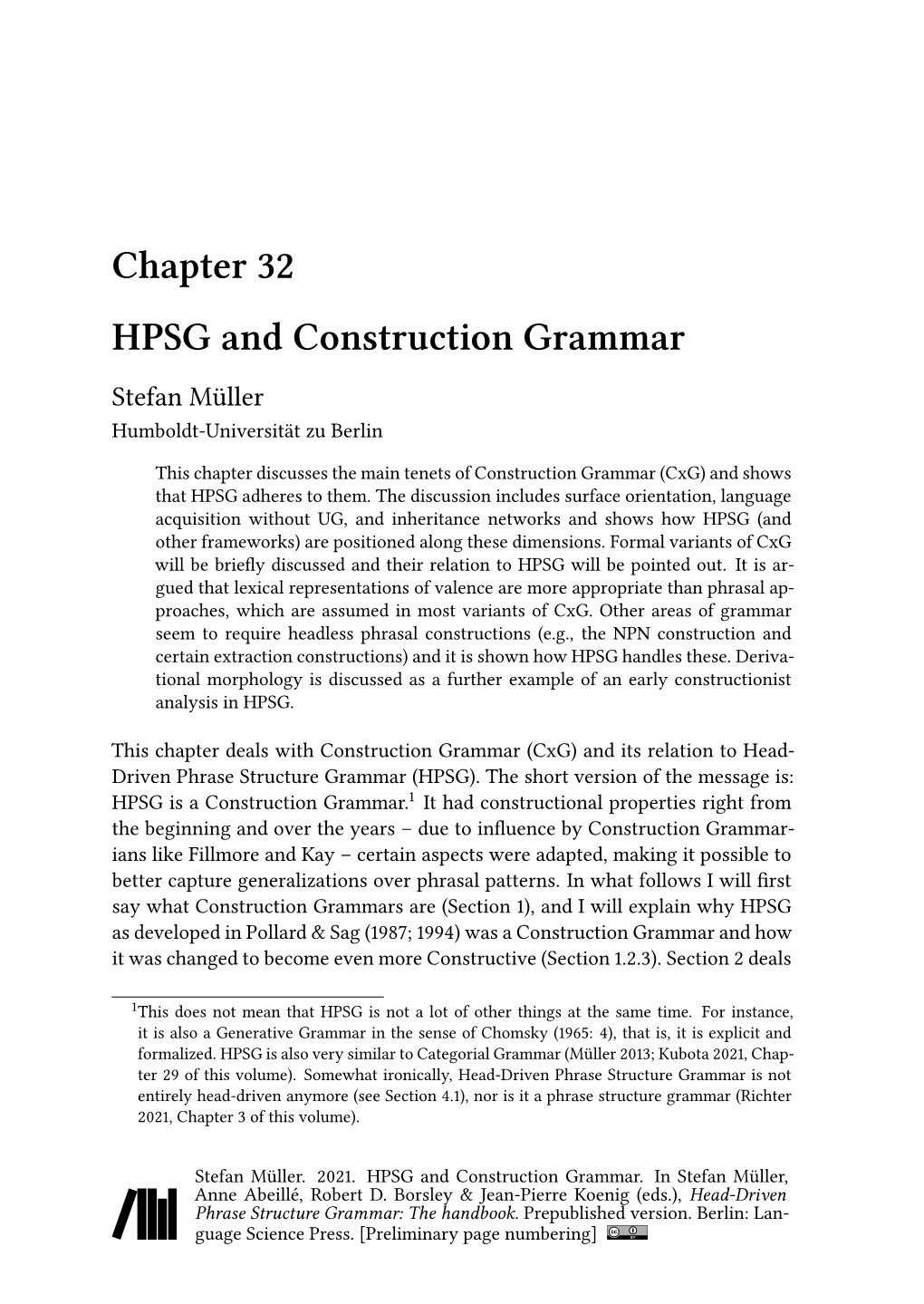 Chapter 32 HPSG and Construction Grammar Stefan Müller Humboldt-Universität Zu Berlin