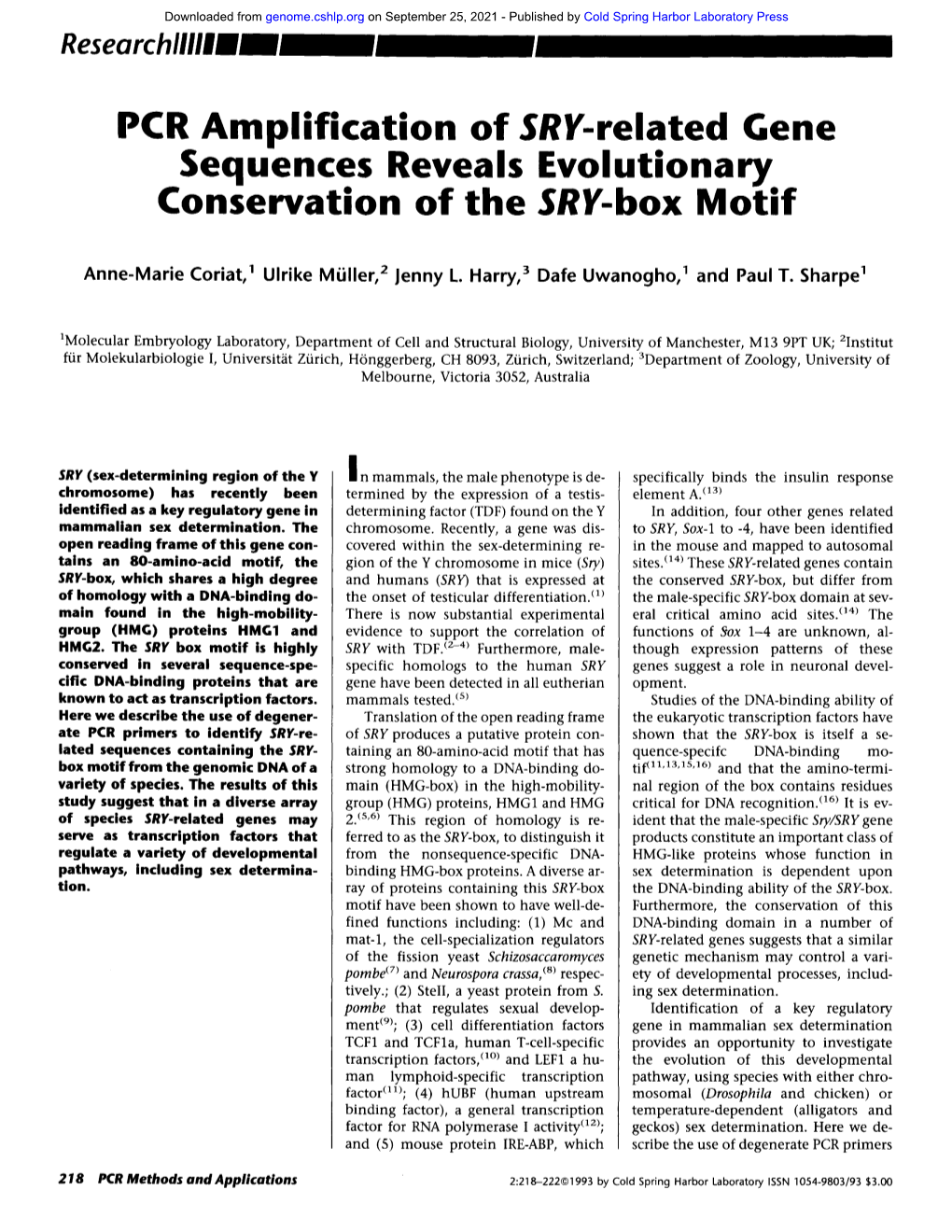 Sequences Reveals Evolutionary Conservation of the SRY-Box Motif