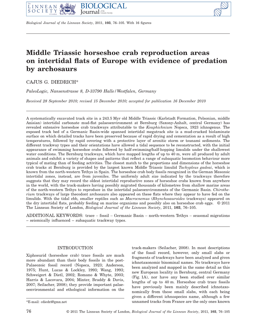 Middle Triassic Horseshoe Crab Reproduction Areas on Intertidal Flats