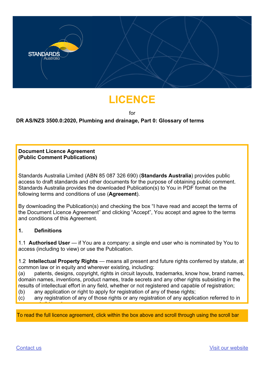 LICENCE for DR AS/NZS 3500.0:2020, Plumbing and Drainage, Part 0: Glossary of Terms