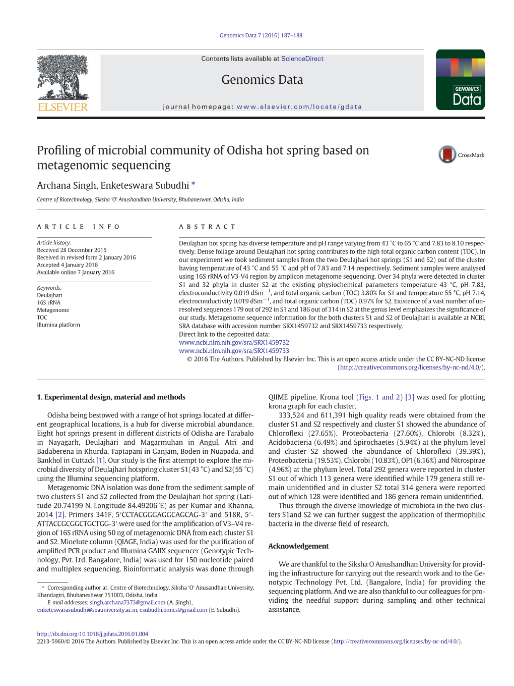 Profiling of Microbial Community of Odisha Hot Spring Based On