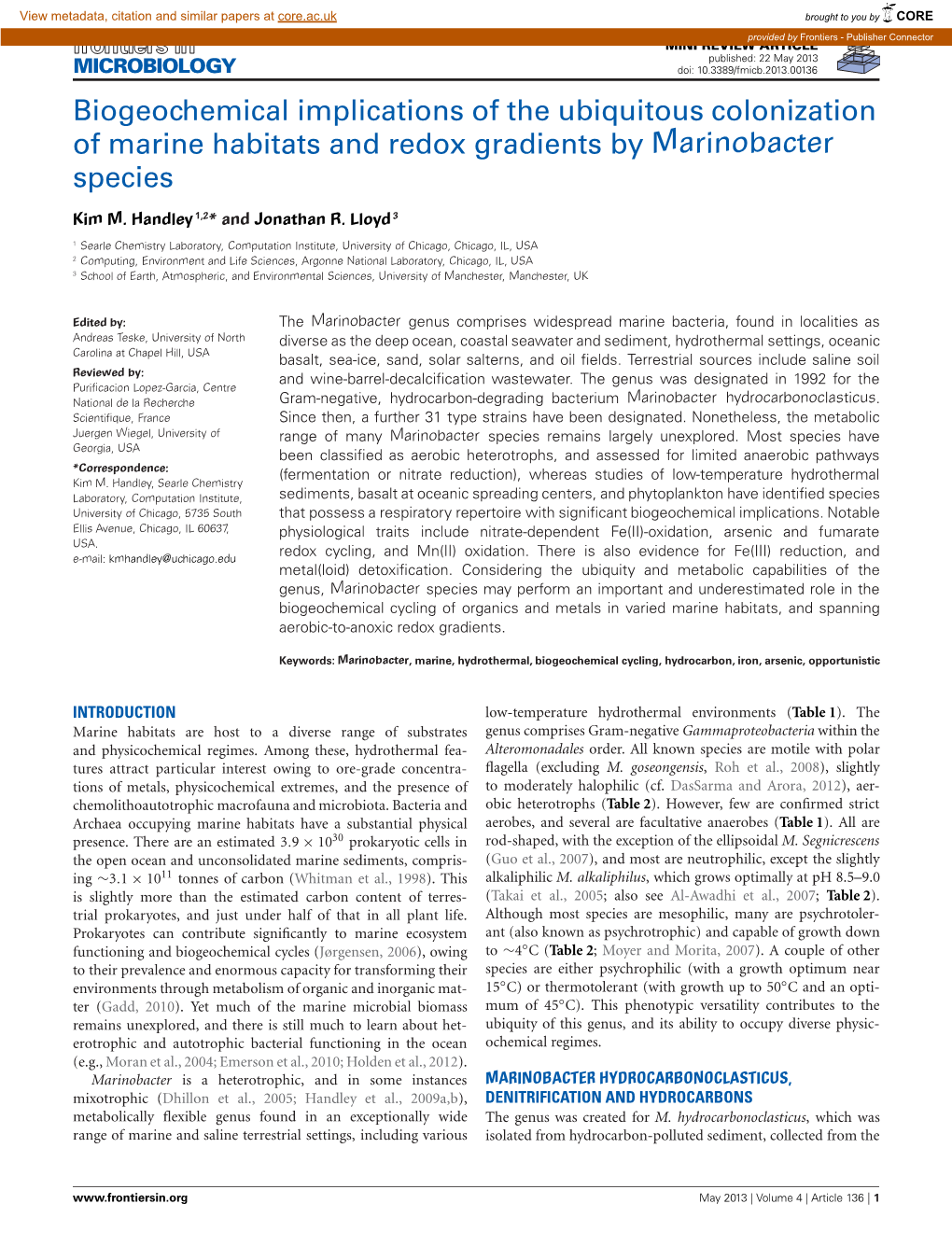 Biogeochemical Implications of the Ubiquitous Colonization of Marine Habitats and Redox Gradients by Marinobacter Species