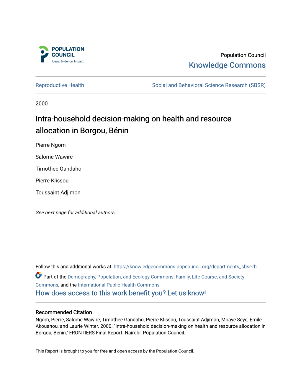 Intra-Household Decision-Making on Health and Resource Allocation in Borgou, Bénin