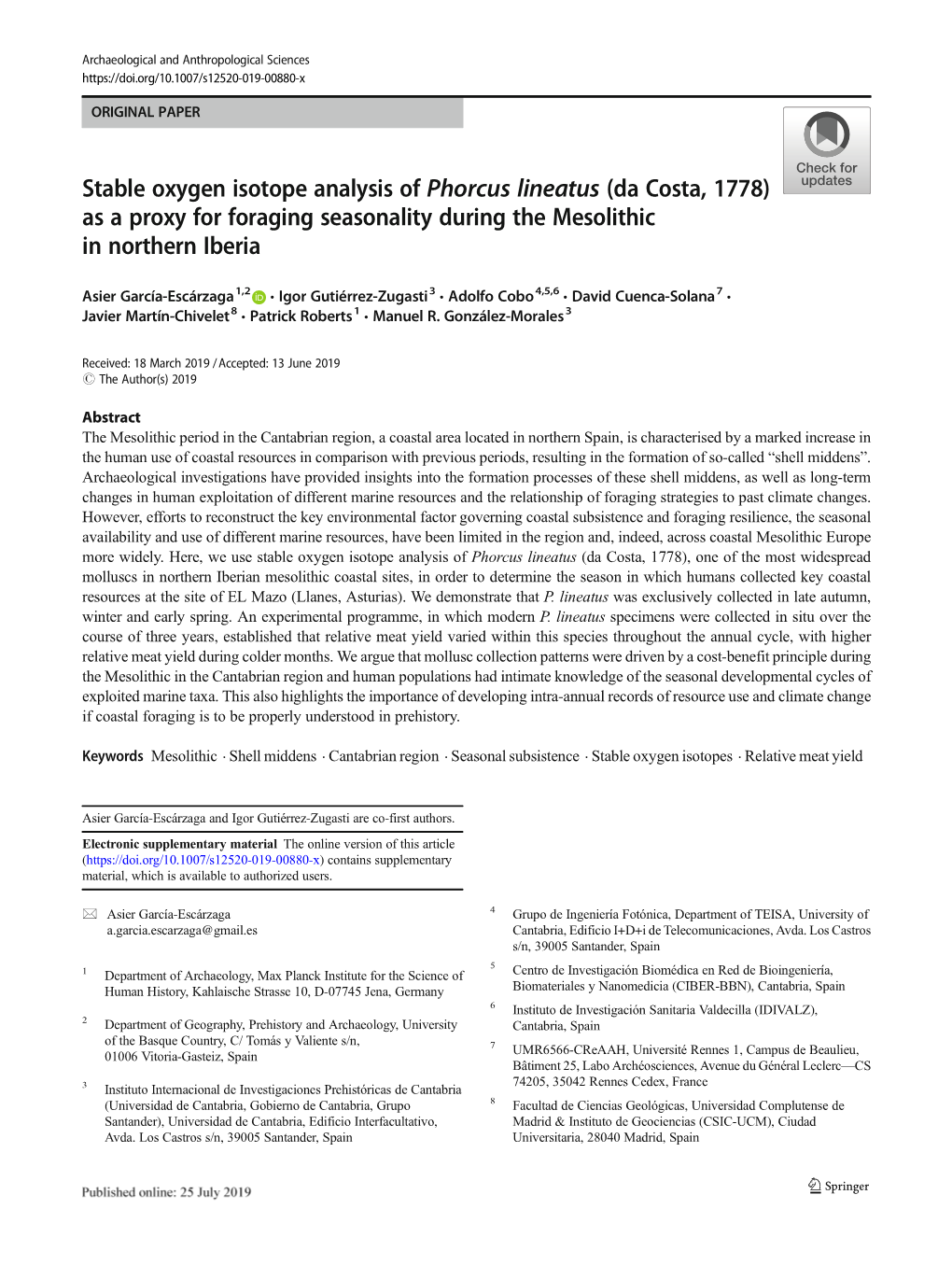 Stable Oxygen Isotope Analysis of Phorcus Lineatus (Da Costa, 1778) As a Proxy for Foraging Seasonality During the Mesolithic in Northern Iberia