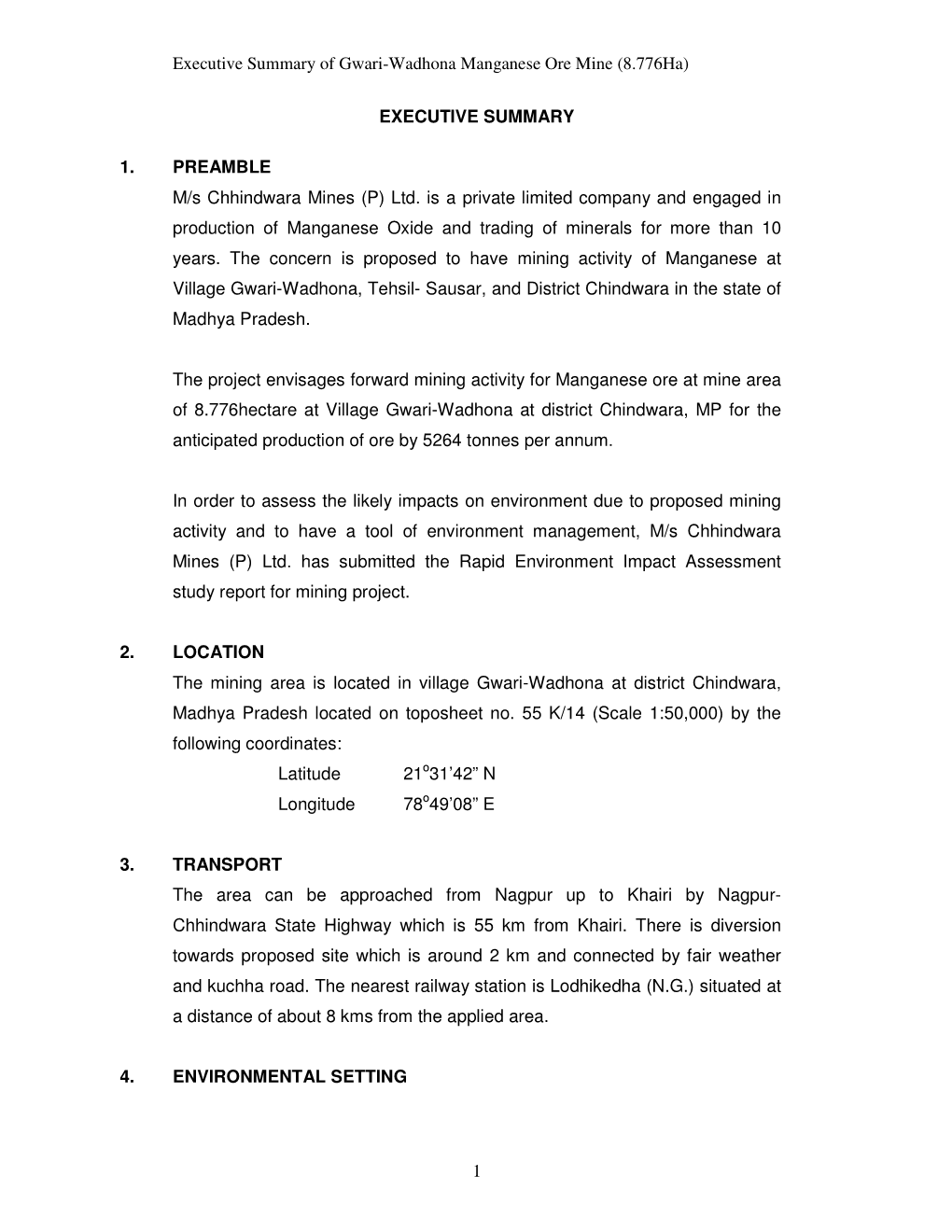 Executive Summary of Gwari-Wadhona Manganese Ore Mine (8.776Ha)