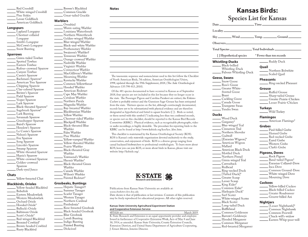 4H1026 Kansas Birds: Species List for Kansas