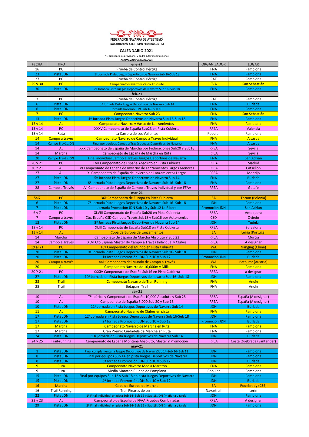 CALENDARIO 2021 * El Calendario Es Provisional Y Podrá Sufrir Modificaciones