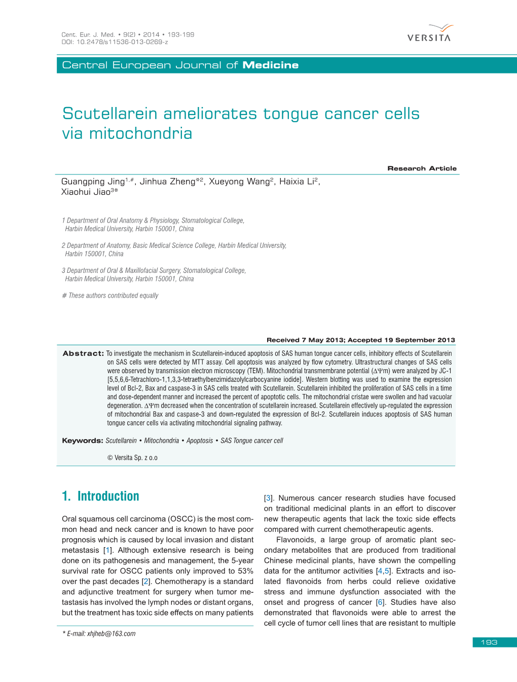 Scutellarein Ameliorates Tongue Cancer Cells Via Mitochondria