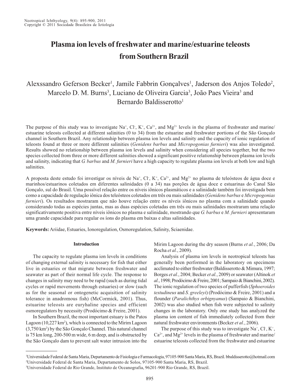 Plasma Ion Levels of Freshwater and Marine/Estuarine Teleosts from Southern Brazil