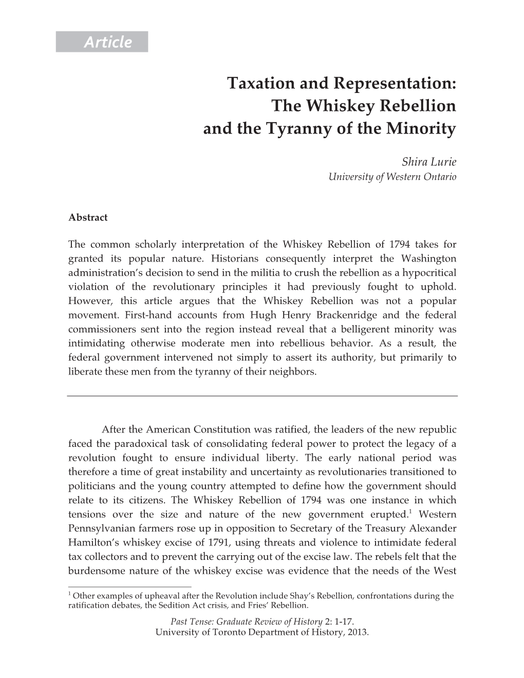 Rticle . Taxation and Representation: the Whiskey Rebellion and The