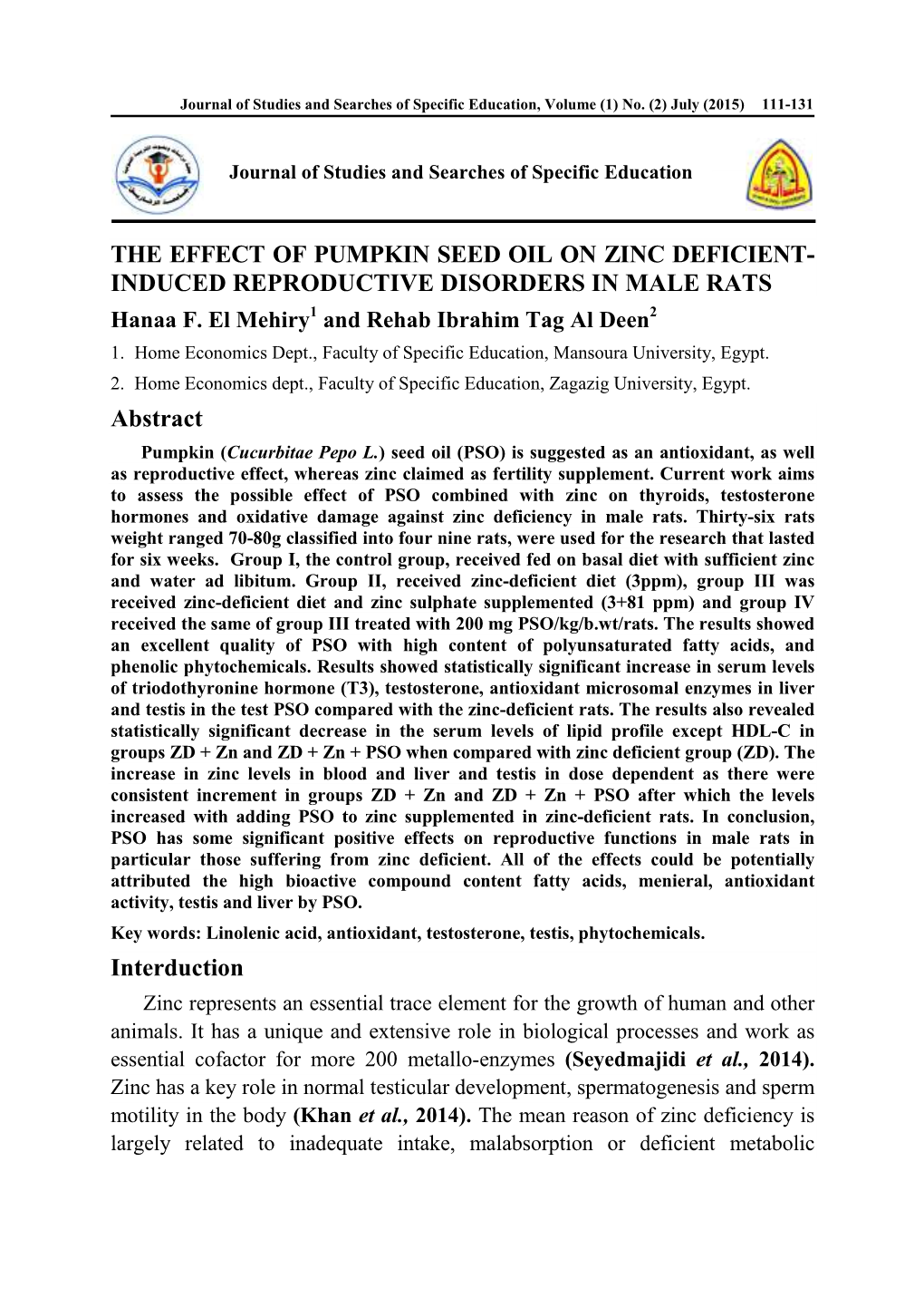 The Effect of Pumpkin Seed Oil on Zinc Deficient- Induced