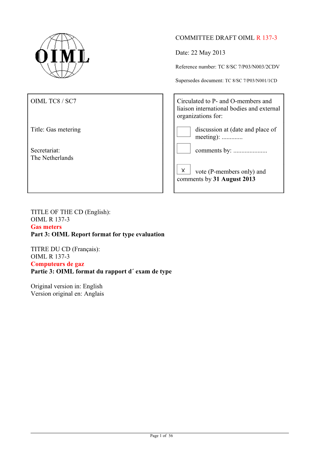 OIML R 137-3 Gas Meters. Part 3: OIML Report Format for Type Evaluation