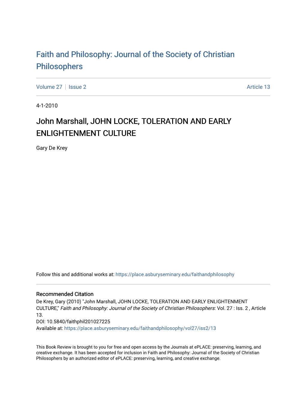 John Marshall, JOHN LOCKE, TOLERATION and EARLY ENLIGHTENMENT CULTURE