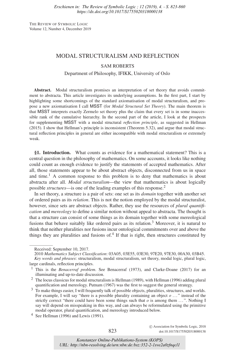 MODAL STRUCTURALISM and REFLECTION SAM ROBERTS Department of Philosophy, IFIKK, University of Oslo