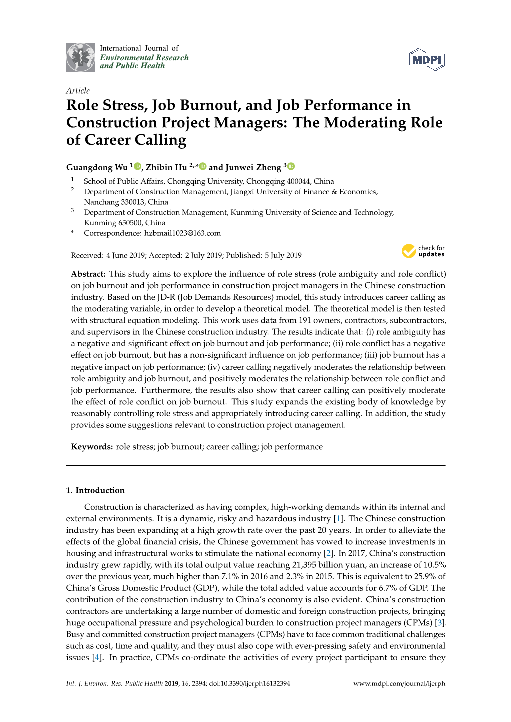 Role Stress, Job Burnout, and Job Performance in Construction Project Managers: the Moderating Role of Career Calling