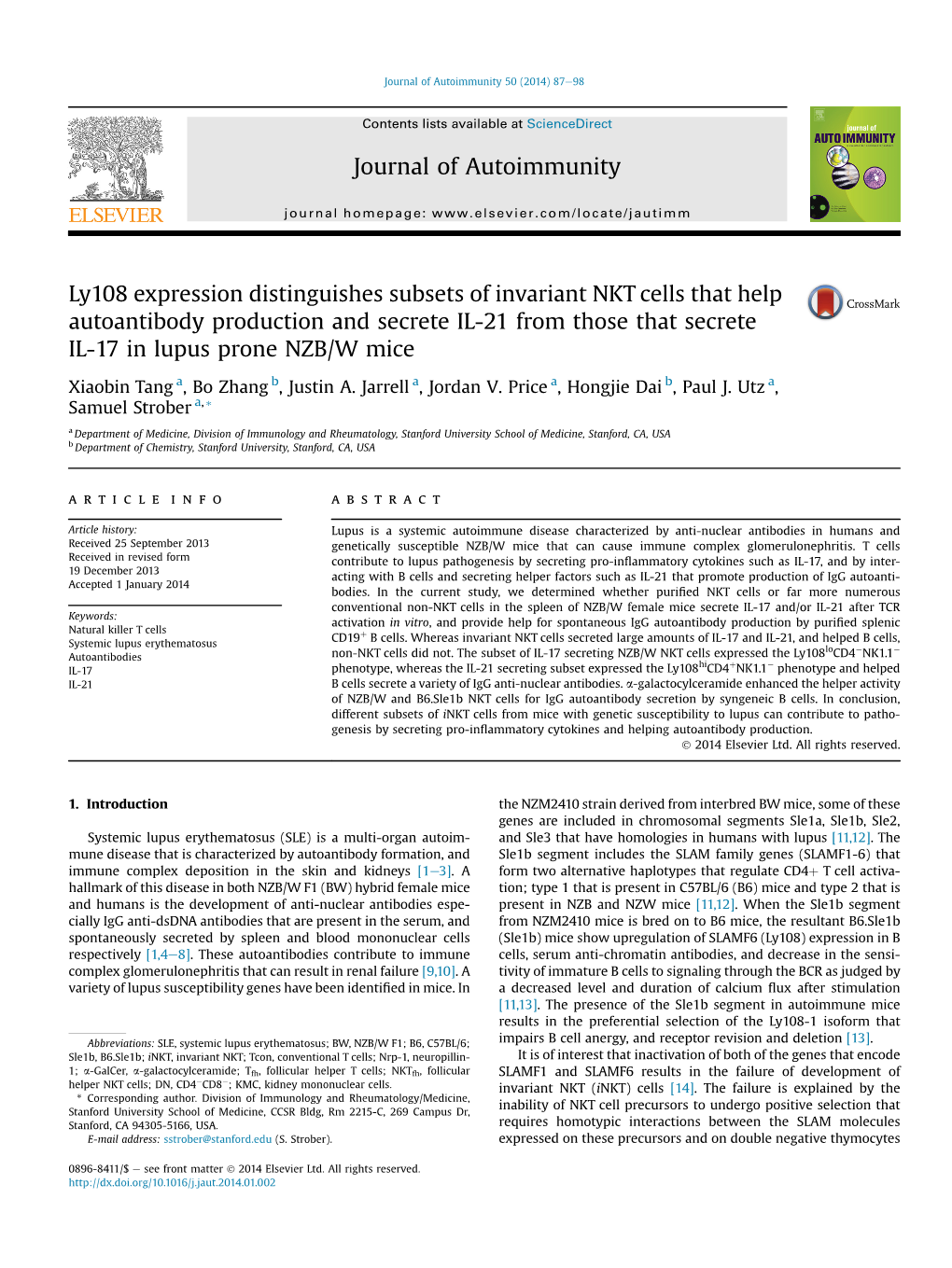 Ly108 Expression Distinguishes Subsets of Invariant NKT Cells That