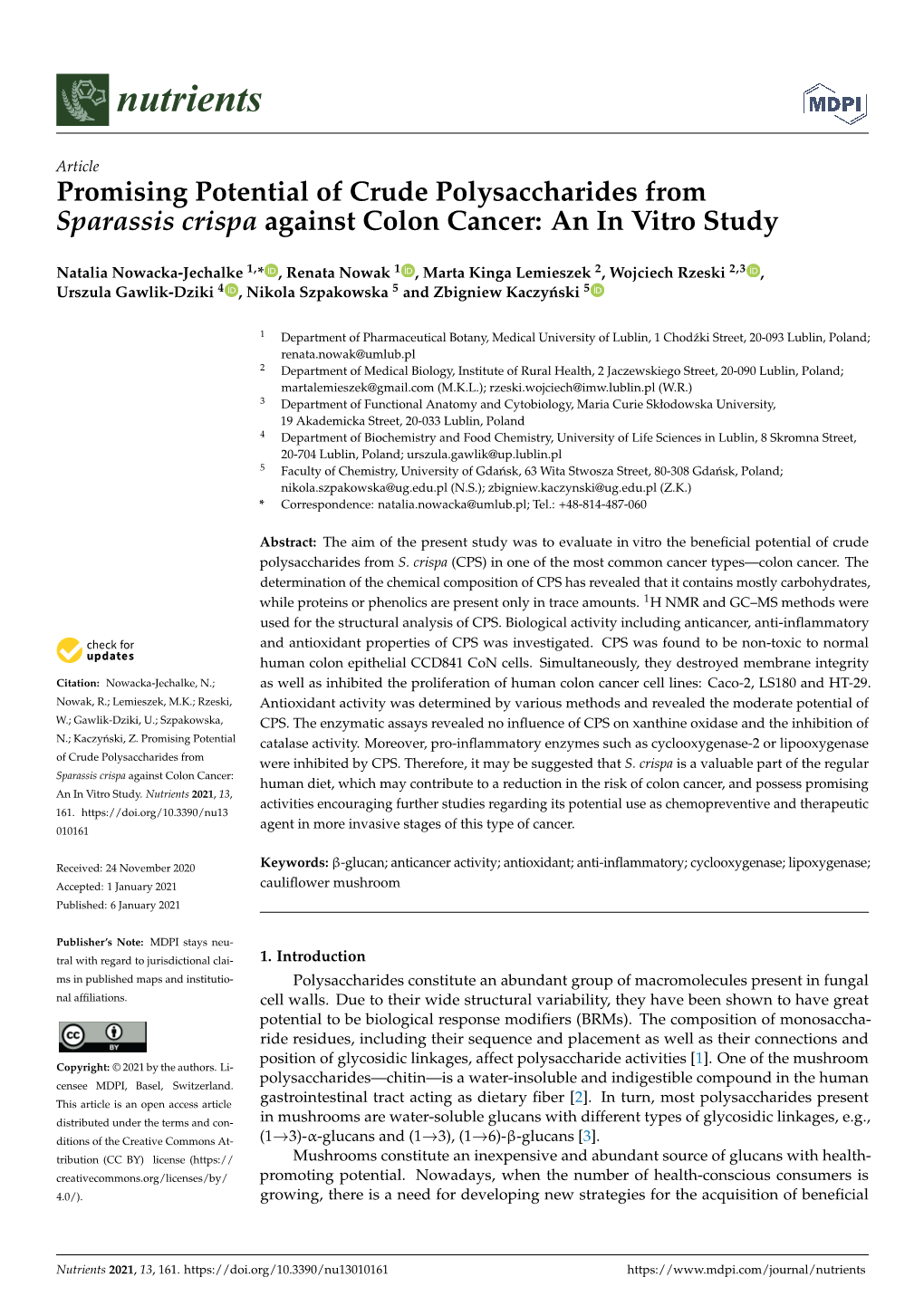 Promising Potential of Crude Polysaccharides from Sparassis Crispa Against Colon Cancer: an in Vitro Study