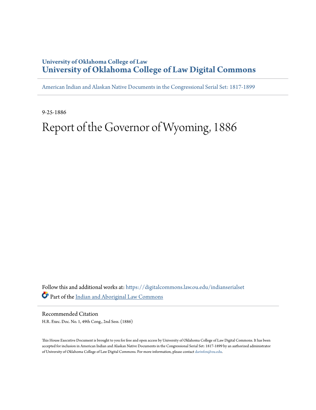 Report of the Governor of Wyoming, 1886