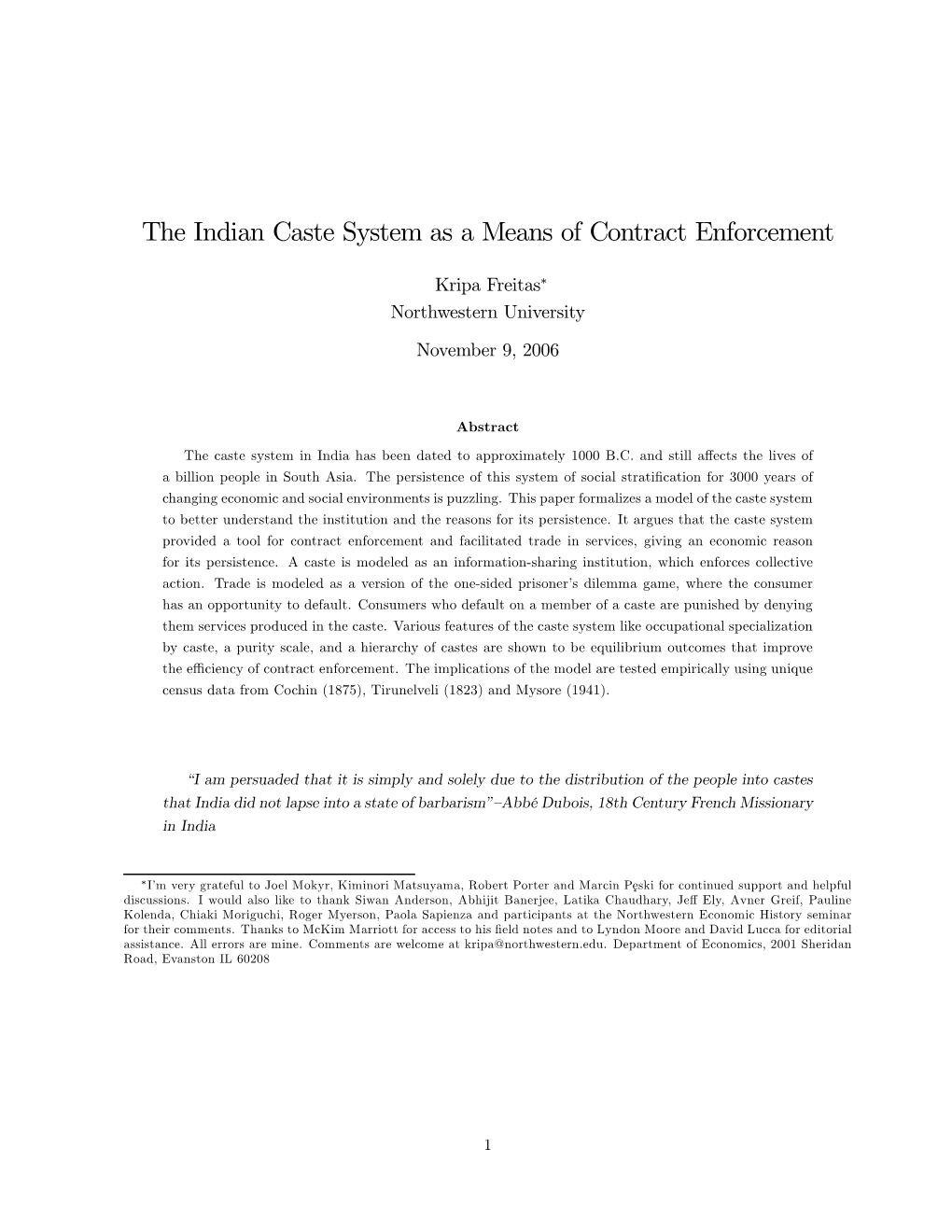 The Indian Caste System As a Means of Contract Enforcement